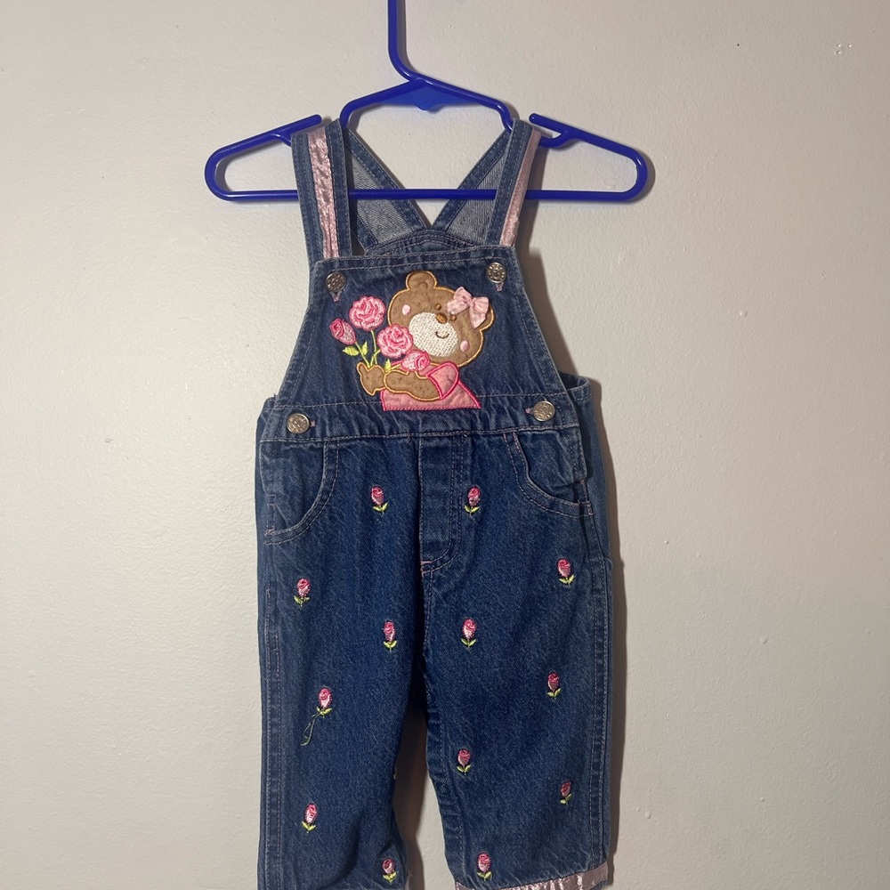 Charming Blue Denim Overalls with Bear and Floral Design